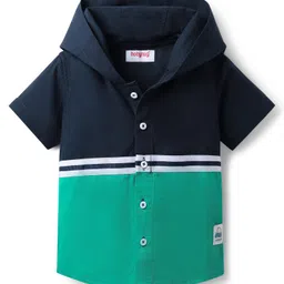 Babyhug Cotton Woven Half Sleeves Hooded Shirt with Cut & Sew Print - Navy Blue & Sea Green-picture-10