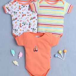 BUMZEE Cotton Knit Half Sleeves Vehicle & Animal Printed Onesies Pack of 3 - White & Orange-picture-19