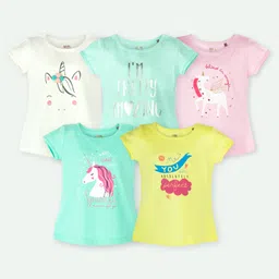 Ariel Cotton Knit Pack Of 5 Half Sleeves Unicorn & Typography Printed Tops - Cream Green Pink & Yellow-picture-13