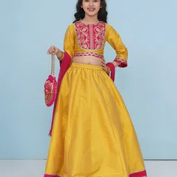 Bitiya By Bhama Silk Woven Three Fourth Sleeves Floral Embroidered Gota Lace & Sequins Embellished Lehenga Choli With Dupatta Set - Yellow-picture-12