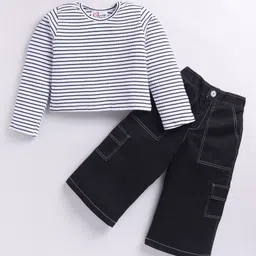 M'andy Cotton Knit Full Sleeves Striped Top & Pant - White & Black-picture-10