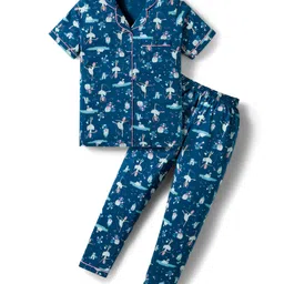 CUCUMBER Sinker Woven Full Sleeves Co-ords Night Suit With Princess Print - Navy Blue-picture-14