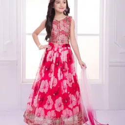 Ministitch Tissue Woven Sleeveless Floral Printed & Sequins Embellished Lehenga Choli With Dupatta Set - Pink-picture-13