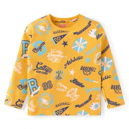 Babyhug Cotton Knit Full Sleeves Night Suit with Text & Varsity Print - Mustard image 2