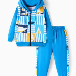 Ollington St. Cotton Knit Full Sleeves Front Open Boat Printed Hooded Sweatjacket & Joggers Set - Blue image 2