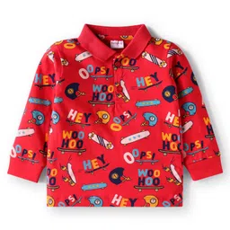 Babyhug Single Jersey Knit Full Sleeves Polo T-Shirt & Joggers Set with Skating Print - Red & Blue image 2