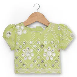 Babyhug Georgette Woven Puffed Sleeves Sequinned Floral Designed Choli Lahenga Set with Dupatta- Light Green image 2