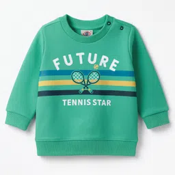 Zero Fleece Knit Full Sleeves Winter Wear Sweatshirt & Joggers Set With Future Text Print - Light Green & Navy Blue image 2