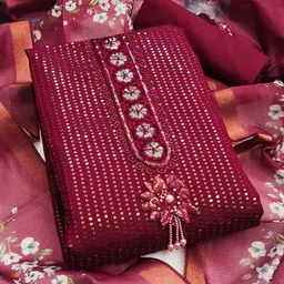 SHADOW & SAINING Embroidered Pure Silk Semi-Stitched Dress Material-picture-30