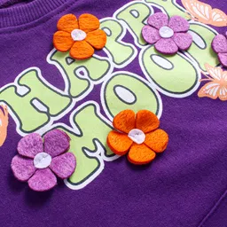 Babyhug Cotton Knit Full Raglan Sleeves Sweatshirt With Text Graphics Floral Applique & Kangaroo Pockets - Purple image 3