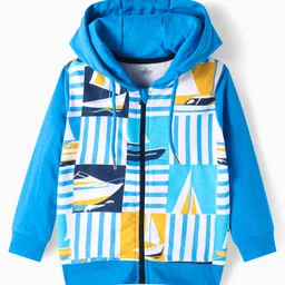 Ollington St. Cotton Knit Full Sleeves Front Open Boat Printed Hooded Sweatjacket & Joggers Set - Blue image 3
