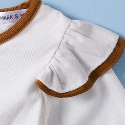 Mark & Mia Full Sleeves Winter Frock With Bow Applique & Frill Detailing - Brown & White image 4