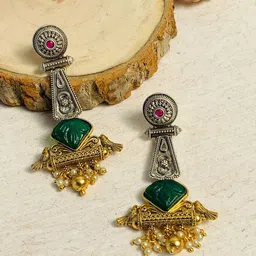 ABDESIGNS Gold-Plated Stone Studded & Beaded Classic Drop Earrings image 4