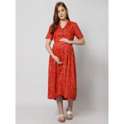 Zelena Lapel Neck Red Zipless Feeding Dress with Pocket image 1