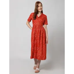 Zelena Lapel Neck Red Zipless Feeding Dress with Pocket image 5