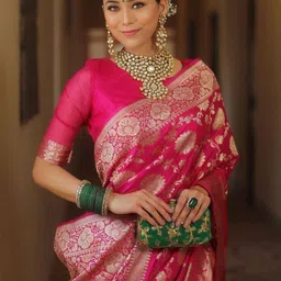 TheWonderWorld Ethnic Motifs Woven Design Zari Saree with Blouse Piece image 2