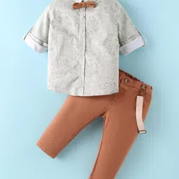ToffyHouse 100% Cotton Woven Full Sleeves Floral Printed Shirt & Trouser Set with Bow & Suspender - Brown & Off White-picture-13