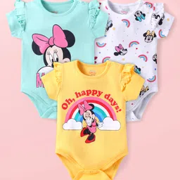 Babyhug Disney Interlock Knit Half Sleeves Minnie Mouse Printed Onesieswith Frill Detailing Pack of 3 - Yellow White & Aqua Blue-picture-11
