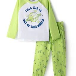 Honeyhap Premium 100% Cotton Knit with Bio Finish Full Raglan Sleeves Night Suit with This Kid Is Out Of the World Text Print - Bright White & Sharp Green-picture-12