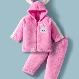 Babyhug Fur Woven Full Sleeves Winter Wear Hooded T-Shirt & Lounge Pant Set With Animal Embriodery & Ear Applique - Pink-picture-35