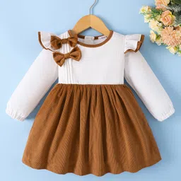 Mark & Mia Full Sleeves Winter Frock With Bow Applique & Frill Detailing - Brown & White-picture-17