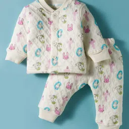 Doreme Knit Full Sleeves Winter Wear T-Shirt & Lounge Pant Set With Animal Print - White-picture-14