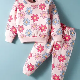 Evimo Single Jersey Knit Full Sleeves Co-ords Night Suit With Floral Print - Pink-picture-29