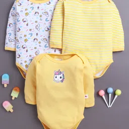 BUMZEE Cotton Knit Full Sleeves Onesies with Stripes & Unicorn Print Pack of 3 - Yellow & White-picture-35