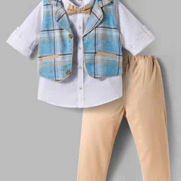 ToffyHouse Cotton Knit Full Sleeves Checkered 3 Piece Party Suit With Bow - Tan-picture-16