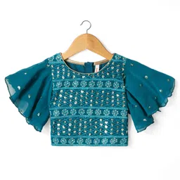 Babyhug Woven Half Sleeves Floral Embroidered Choli Lehenga & Dupatta Set - Teal Blue image 2