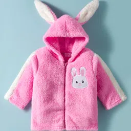 Babyhug Fur Woven Full Sleeves Winter Wear Hooded T-Shirt & Lounge Pant Set With Animal Embriodery & Ear Applique - Pink image 2