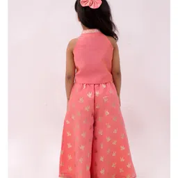 Lil' Drama Chanderi Knit Sleeveless Gota Lace Embellished Top & Palazzo Set - Peach image 3