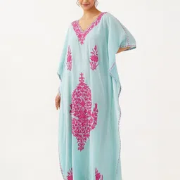 Kashmir Box Aari Embroidered Sky Blue Cotton Kaftan Maxi Dress-picture-29