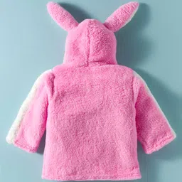 Babyhug Fur Woven Full Sleeves Winter Wear Hooded T-Shirt & Lounge Pant Set With Animal Embriodery & Ear Applique - Pink image 3