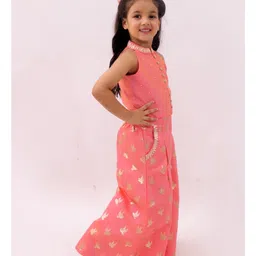 Lil' Drama Chanderi Knit Sleeveless Gota Lace Embellished Top & Palazzo Set - Peach image 4