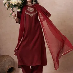 Aaghnya Floral Embroidered Round Neck Straight Kurta With Palazzos & Dupatta-image-6