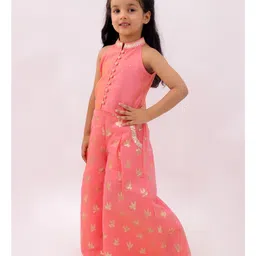 Lil' Drama Chanderi Knit Sleeveless Gota Lace Embellished Top & Palazzo Set - Peach image 5