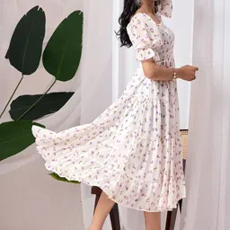 LookShine Floral Print Puff Sleeve Fit & Flare Midi Dress image 4