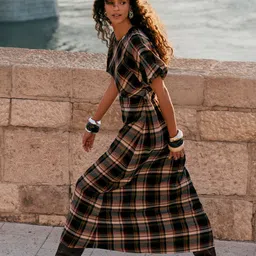 NEXT Checked Puff Sleeve Fit & Flare Midi Dress image 4