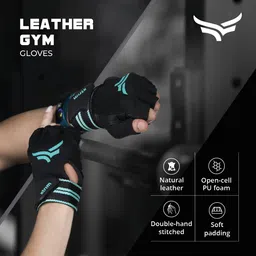 XTRIM X-Macho Leather Gym Gloves for Men & Women with Wrist Support Accessories for Weightlifting, Hand Exercise Gloves with Half-Finger Length for Gym Workout (M, Fits 7.5-8 Inches,Blue-Black) image 5
