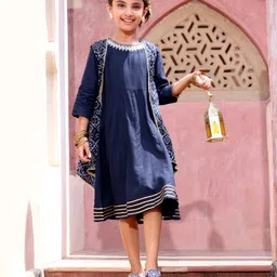 Babyhug Rayon Three Fourth Sleeves Embroidered Ethnic Dress with Bandhani Print Jacket - Blue-picture-21