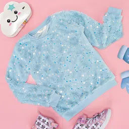 Pantaloons Junior Full Sleeves Fur & Sequin Embellished Sweatshirts - Dusty Blue-image-37