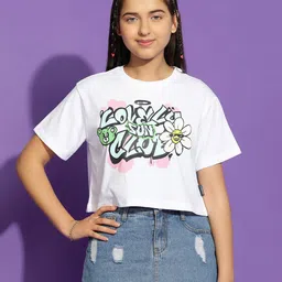 Lil Tomatoes Half Sleeves Floral & TextPrinted Cotton Jersey Crop Top - White-picture-12