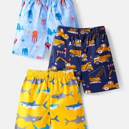 Babyhug Poplin Woven Boxers with Shark & Vehicles Print Pack of 3 - Blue & Yellow-picture-20