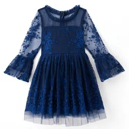 Pine Kids Woven Full Sleeves Party Dress With Floral Embroidery - Navy Blue-picture-14