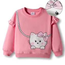 Mark & Mia Terry Knit Full Sleeves Oversized Sweatshirt with Kitty Graphic & Frill Detailing - Pink-picture-21