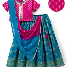 Babyhug Brocade Half Sleeves Embroidered Choli Lehenga Set with Dupatta - Pink & Blue-picture-12