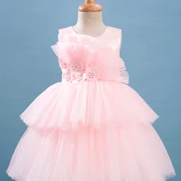 Bluebell Net Woven Sleeveless Party Dress with Frill Detailing Floral & Pearl Applique - Pink-picture-28