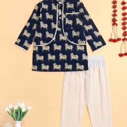 The Magic Wand Cotton Woven Full Sleeves Cow Printed Kurta With Attached Jacket & Pyjama Set - Navy Blue-picture-19
