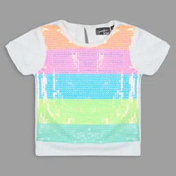 Actuel Knit Half Sleeves Striped Sequins Embellished Top - White Blue Green Pink & Orange-picture-15